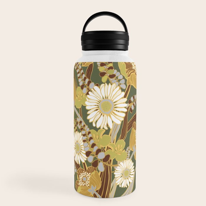 70s, flowers, green, retro, vintage, floral bouquet, olive green Water Bottle