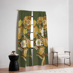 70s, flowers, green, retro, vintage, floral bouquet, olive green Window Curtain