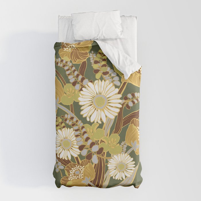 70s, flowers, green, retro, vintage, floral bouquet, olive green Duvet Cover