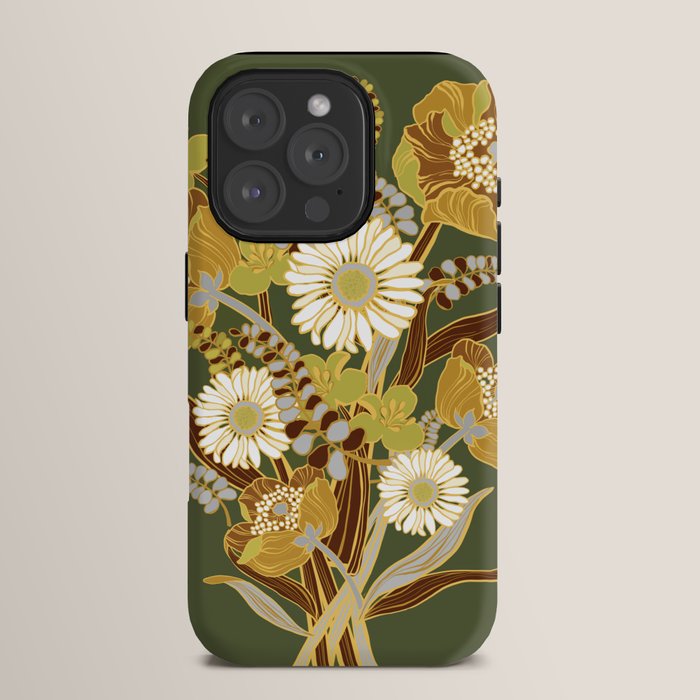 70s, flowers, green, retro, vintage, floral bouquet, olive green iPhone Case