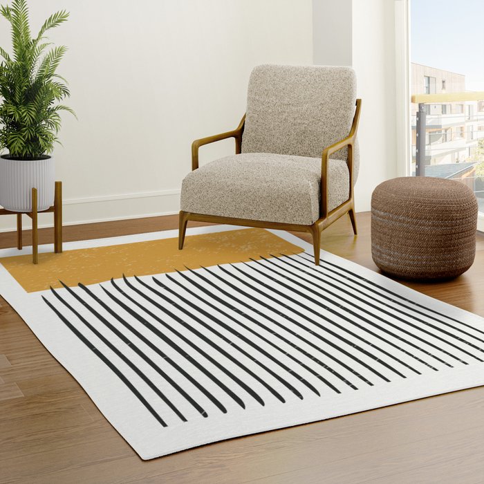 (White Background) Mid Century Modern Minimalist Rothko Inspired Color Field With Lines Geometric Style  Rug