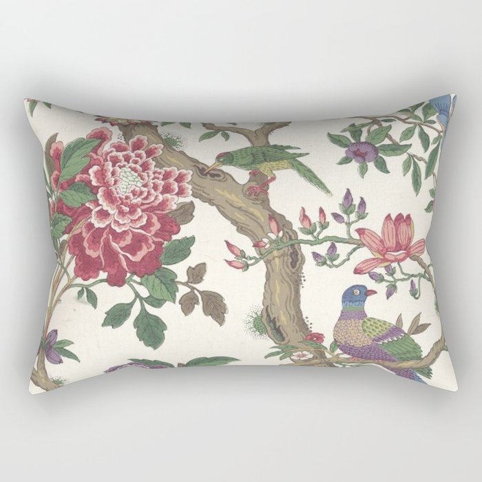 18th Century Chinoiserie Magpie Ivory Peony Garden Rectangular Pillow