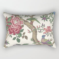 18th Century Chinoiserie Magpie Ivory Peony Garden Rectangular Pillow