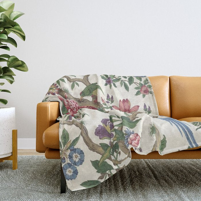 18th Century Chinoiserie Magpie Ivory Peony Garden Throw Blanket