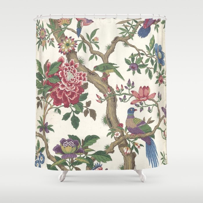 18th Century Chinoiserie Magpie Ivory Peony Garden Shower Curtain