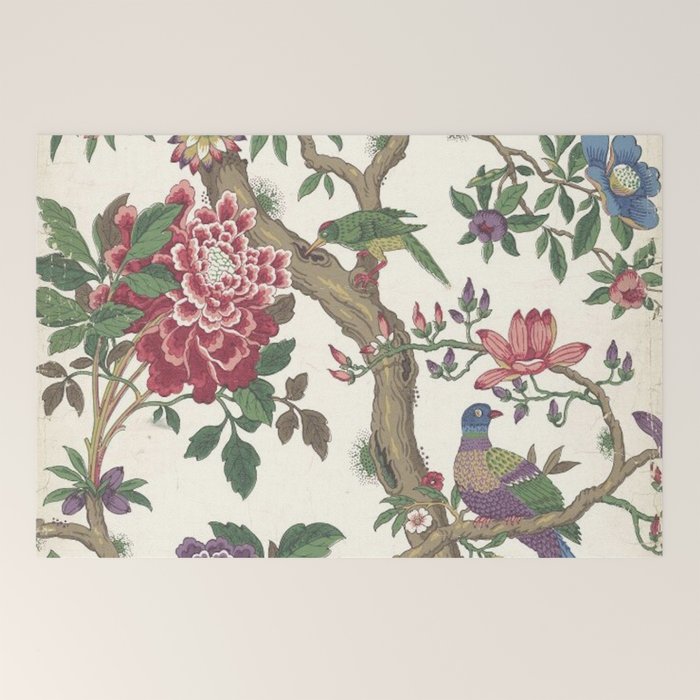 18th Century Chinoiserie Magpie Ivory Peony Garden Welcome Mat