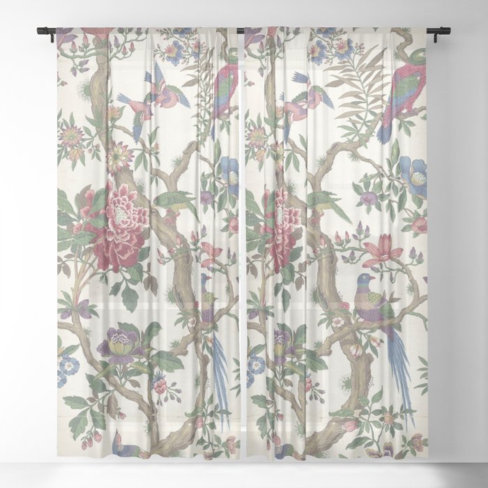 18th Century Chinoiserie Magpie Ivory Peony Garden Window Curtain