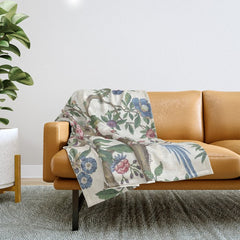 18th Century Chinoiserie Magpie Ivory Peony Garden Throw Blanket