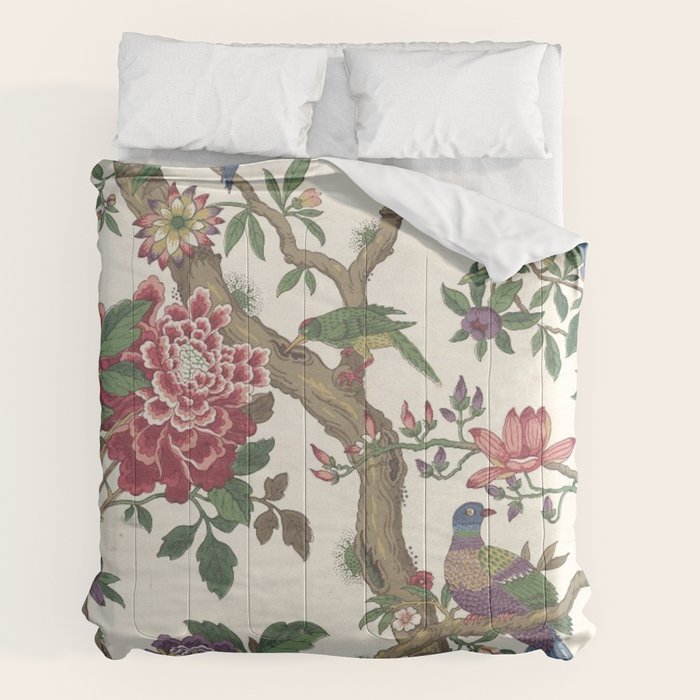 18th Century Chinoiserie Magpie Ivory Peony Garden Comforter