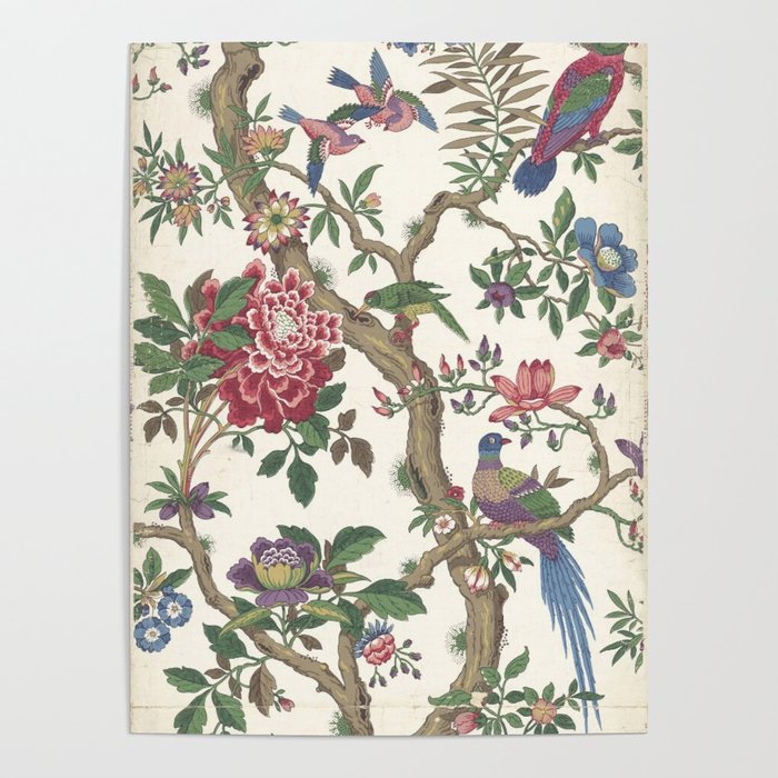 18th Century Chinoiserie Magpie Ivory Peony Garden Poster