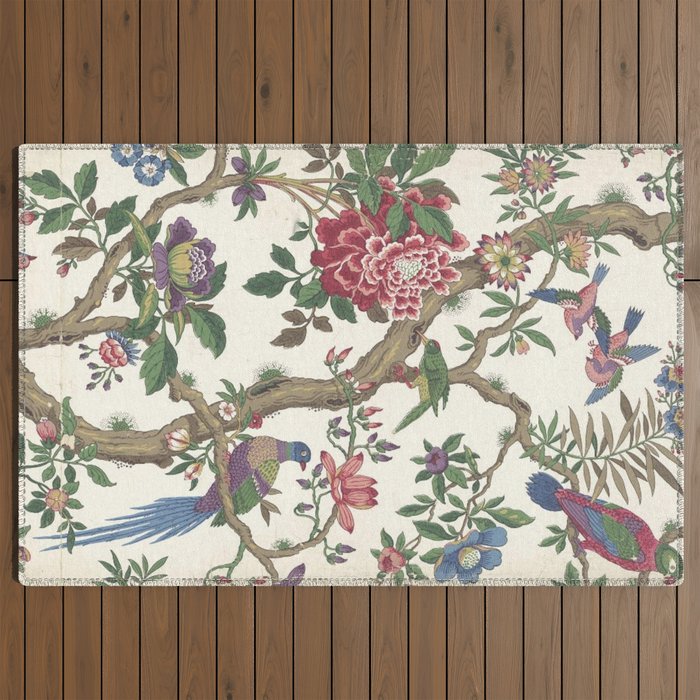 18th Century Chinoiserie Magpie Ivory Peony Garden Outdoor Rug