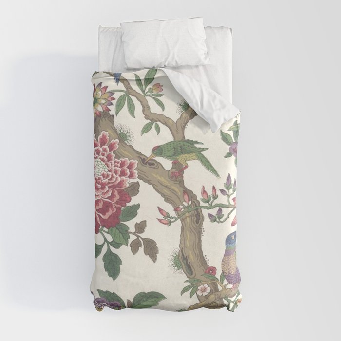 18th Century Chinoiserie Magpie Ivory Peony Garden Duvet Cover
