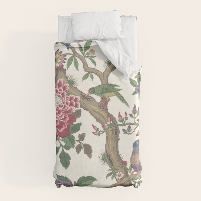 18th Century Chinoiserie Magpie Ivory Peony Garden Duvet Cover