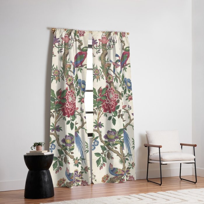 18th Century Chinoiserie Magpie Ivory Peony Garden Window Curtain