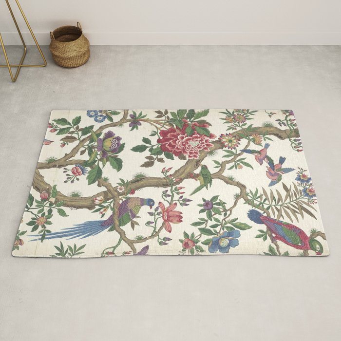 18th Century Chinoiserie Magpie Ivory Peony Garden Rug