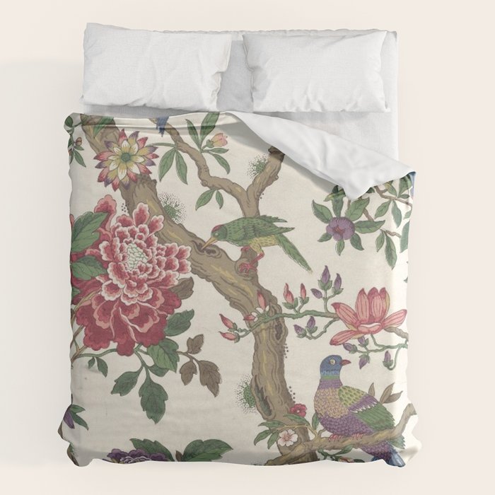 18th Century Chinoiserie Magpie Ivory Peony Garden Duvet Cover
