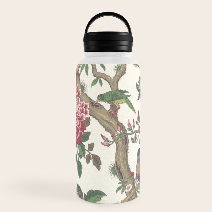 18th Century Chinoiserie Magpie Ivory Peony Garden Water Bottle