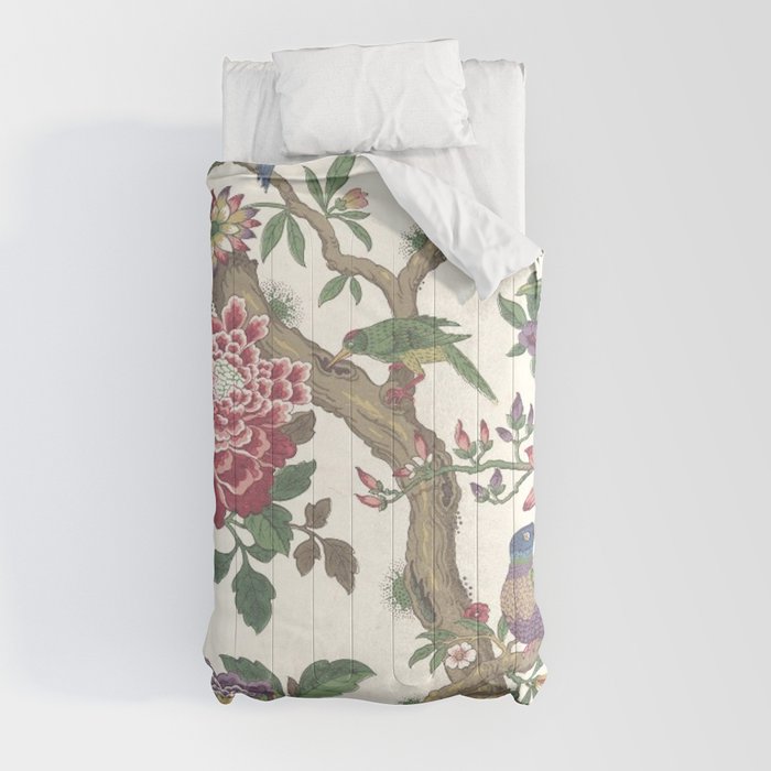 18th Century Chinoiserie Magpie Ivory Peony Garden Comforter