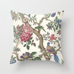 18th Century Chinoiserie Magpie Ivory Peony Garden Throw Pillow