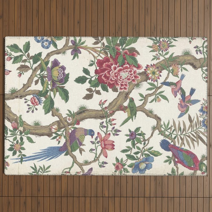 18th Century Chinoiserie Magpie Ivory Peony Garden Outdoor Rug