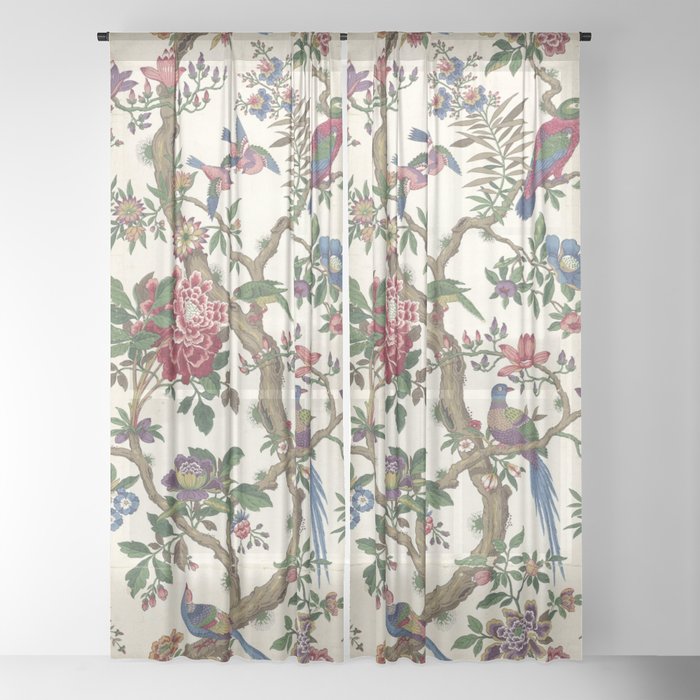 18th Century Chinoiserie Magpie Ivory Peony Garden Window Curtain