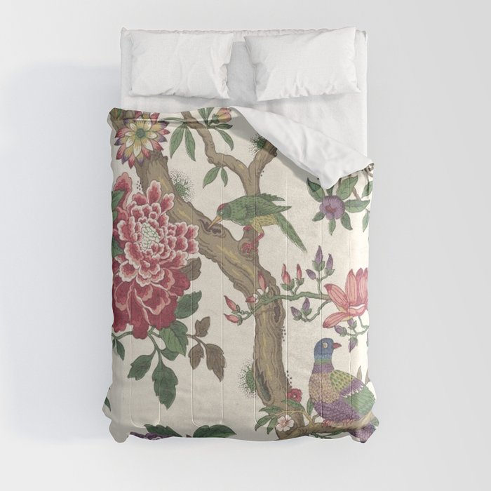 18th Century Chinoiserie Magpie Ivory Peony Garden Comforter