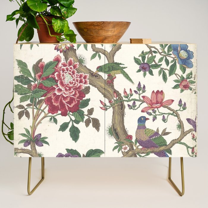 18th Century Chinoiserie Magpie Ivory Peony Garden Credenza