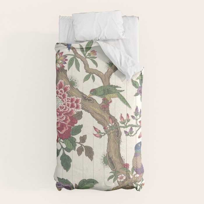 18th Century Chinoiserie Magpie Ivory Peony Garden Comforter