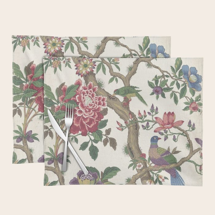 18th Century Chinoiserie Magpie Ivory Peony Garden Placemat
