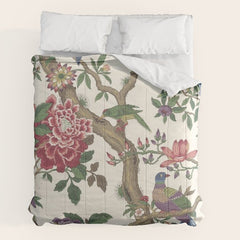 18th Century Chinoiserie Magpie Ivory Peony Garden Comforter