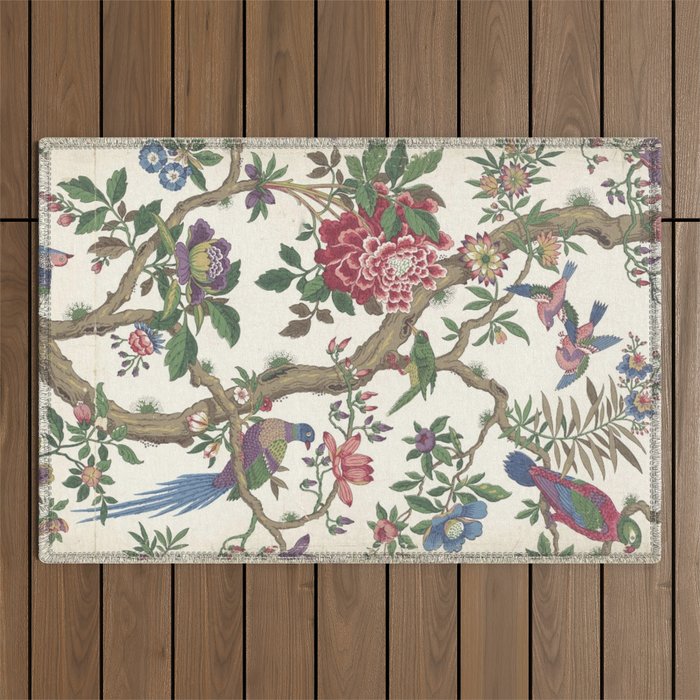 18th Century Chinoiserie Magpie Ivory Peony Garden Outdoor Rug