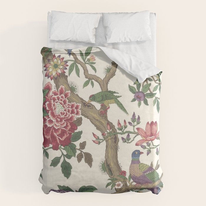 18th Century Chinoiserie Magpie Ivory Peony Garden Duvet Cover