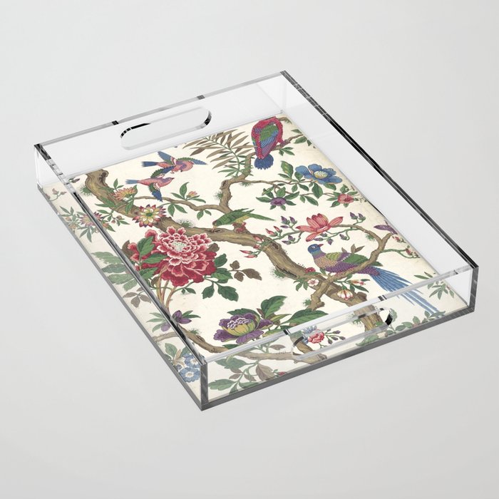 18th Century Chinoiserie Magpie Ivory Peony Garden Acrylic Tray