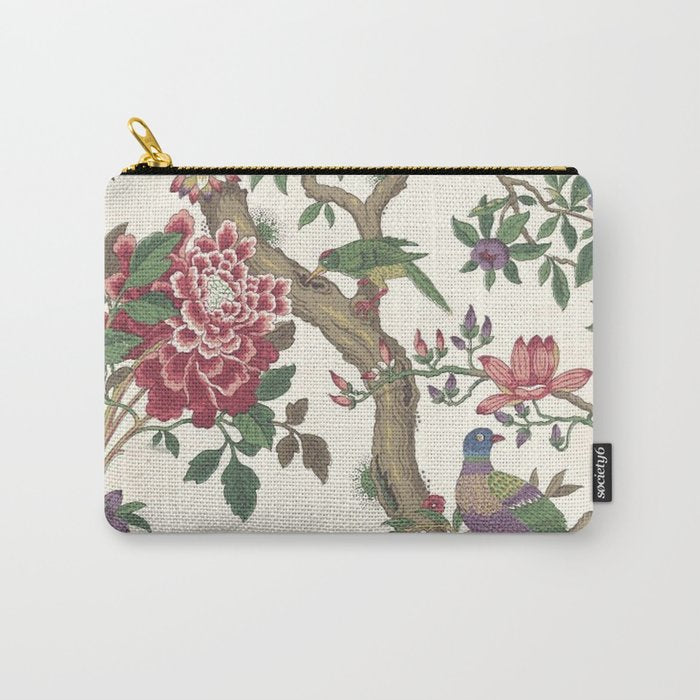 18th Century Chinoiserie Magpie Ivory Peony Garden Carry All Pouch