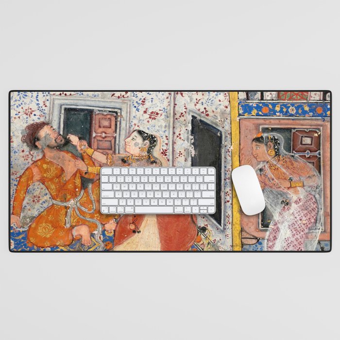 -India, Mughal, Reign of Akbar, 16th century - Page from Tales of a Parrot (Tuti-nama)- Eighth night- The deceitful wife a - 1962 Desk Mat