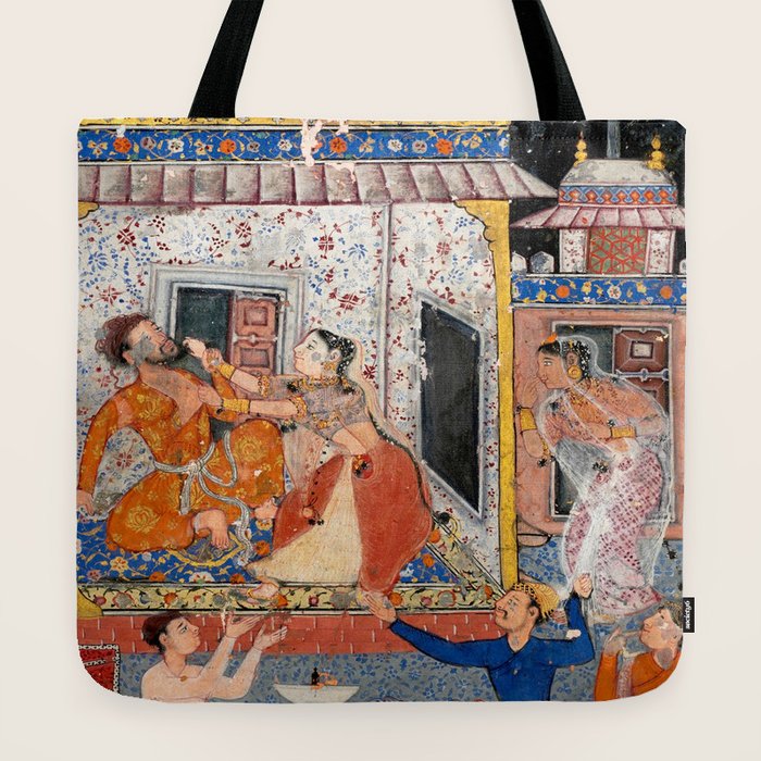 -India, Mughal, Reign of Akbar, 16th century - Page from Tales of a Parrot (Tuti-nama)- Eighth night- The deceitful wife a - 1962 Tote Bag