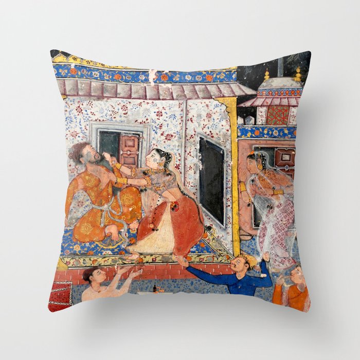 -India, Mughal, Reign of Akbar, 16th century - Page from Tales of a Parrot (Tuti-nama)- Eighth night- The deceitful wife a - 1962 Throw Pillow