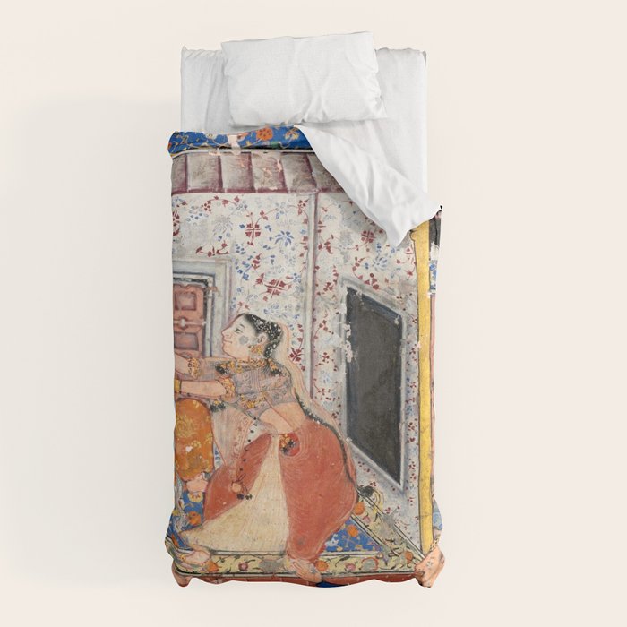 -India, Mughal, Reign of Akbar, 16th century - Page from Tales of a Parrot (Tuti-nama)- Eighth night- The deceitful wife a - 1962 Duvet Cover