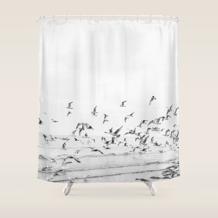 "Seagulls" | Coastal black and white photo | Film photography | Beach Shower Curtain