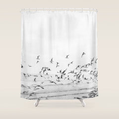 "Seagulls" | Coastal black and white photo | Film photography | Beach Shower Curtain