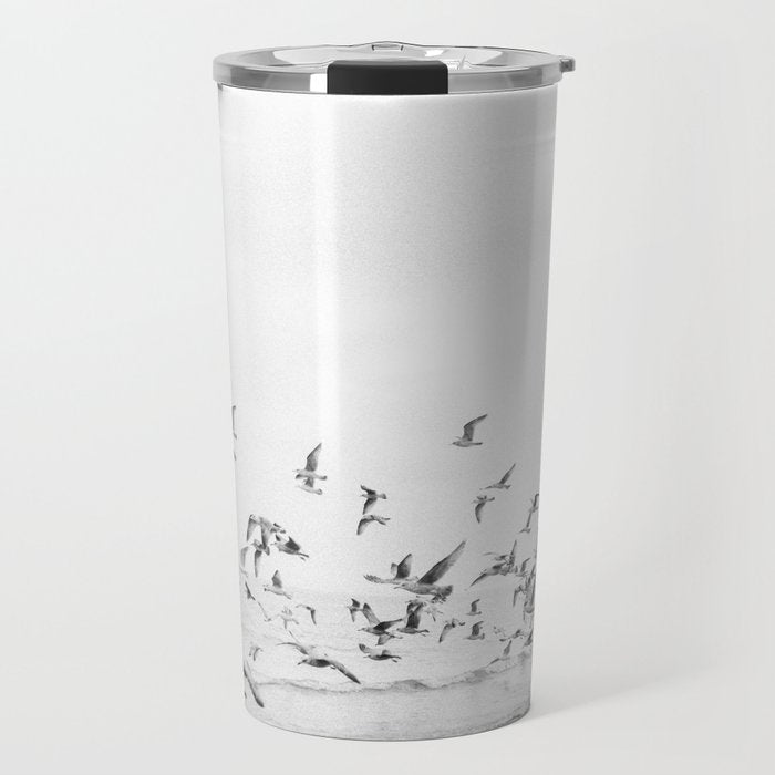 "Seagulls" | Coastal black and white photo | Film photography | Beach Travel Mug