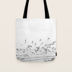 "Seagulls" | Coastal black and white photo | Film photography | Beach Tote Bag