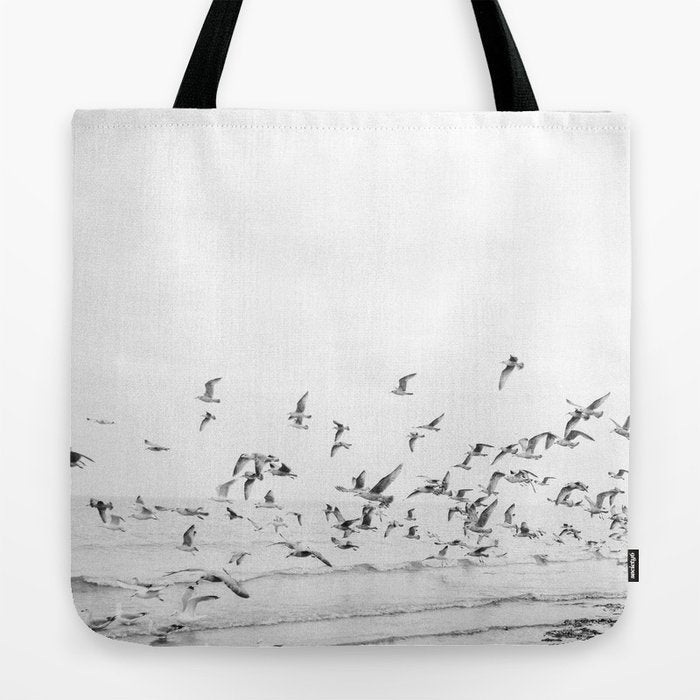 "Seagulls" | Coastal black and white photo | Film photography | Beach Tote Bag