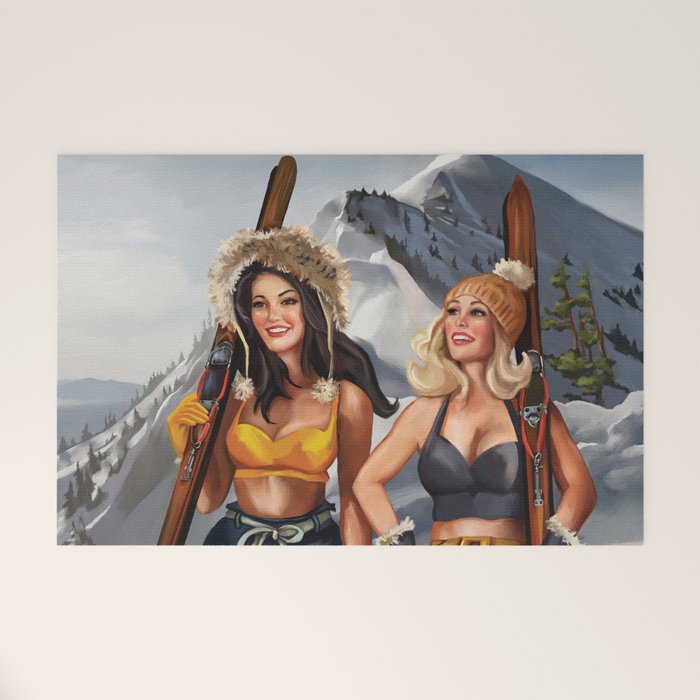 "Ski Bunnies" Cool Retro Winter Pinup Girl Art Welcome Mat