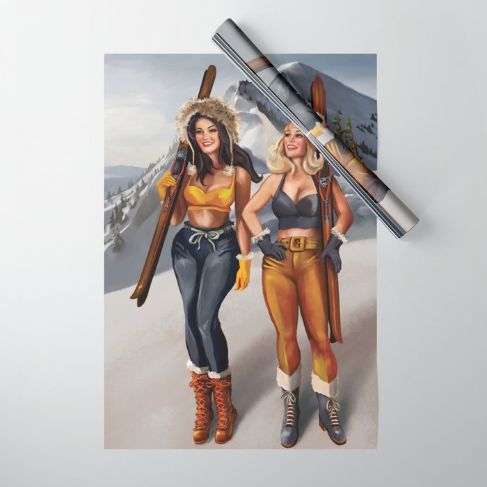 "Ski Bunnies" Cool Retro Winter Pinup Girl Art Wrapping Paper