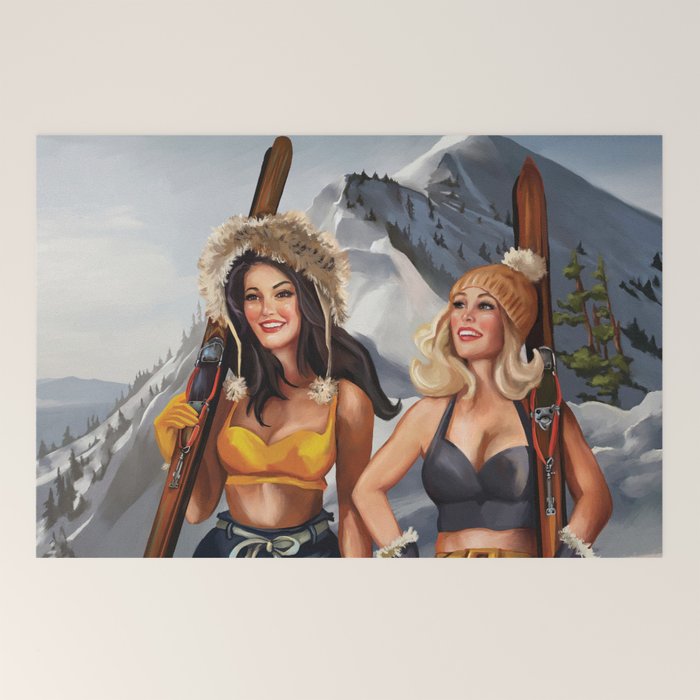 "Ski Bunnies" Cool Retro Winter Pinup Girl Art Welcome Mat