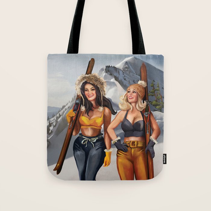"Ski Bunnies" Cool Retro Winter Pinup Girl Art Tote Bag