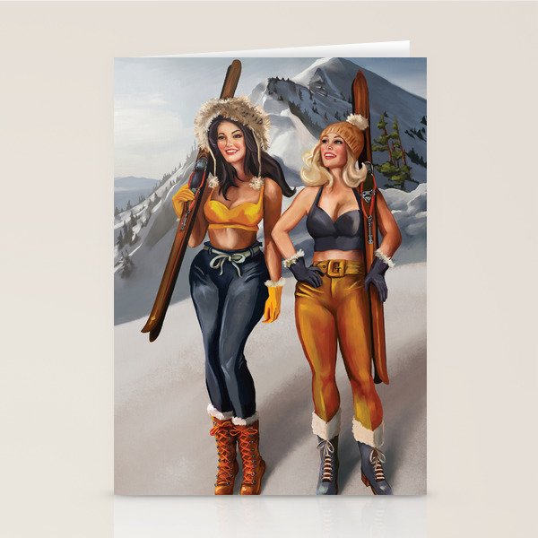 "Ski Bunnies" Cool Retro Winter Pinup Girl Art Stationery Card