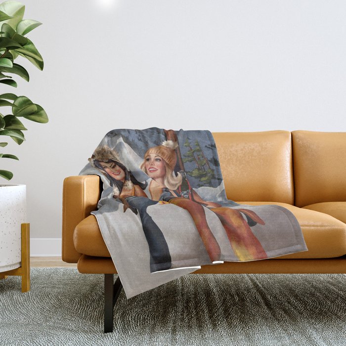"Ski Bunnies" Cool Retro Winter Pinup Girl Art Throw Blanket