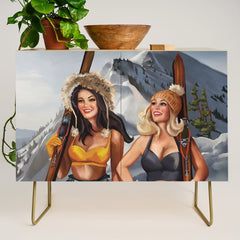 "Ski Bunnies" Cool Retro Winter Pinup Girl Art Credenza